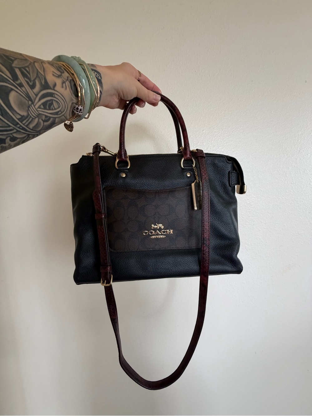 Coach Black Satchel with Burgundy Trim and Strap